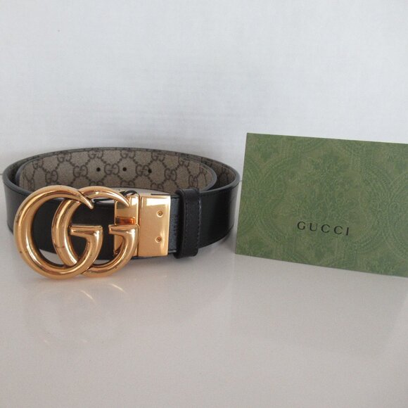 Gucci GG Marmot Logo Reversible Belt Size 80•32 Beige Canvas and Black Leather main image 8